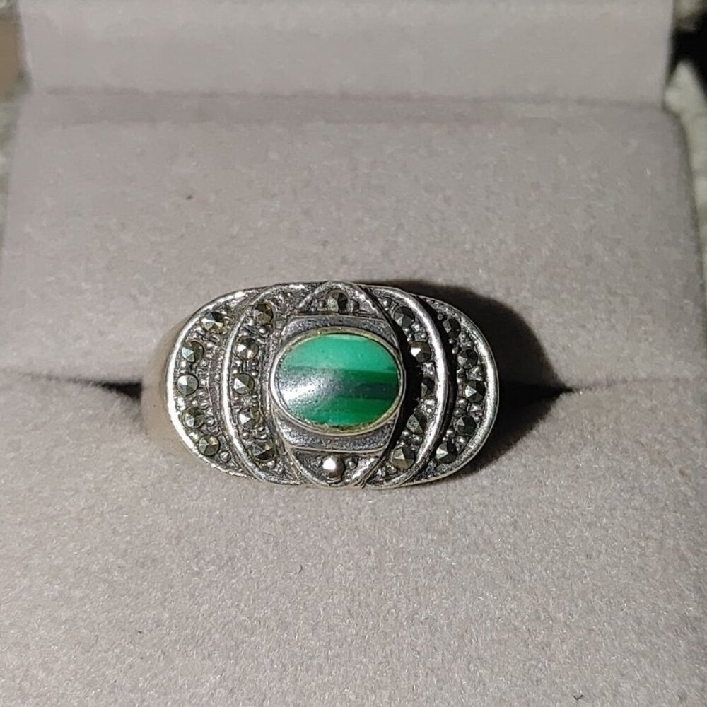 Large Vintage Malachite Marcasite Sterling Silver  925 Ring Size 9 Green Stone
